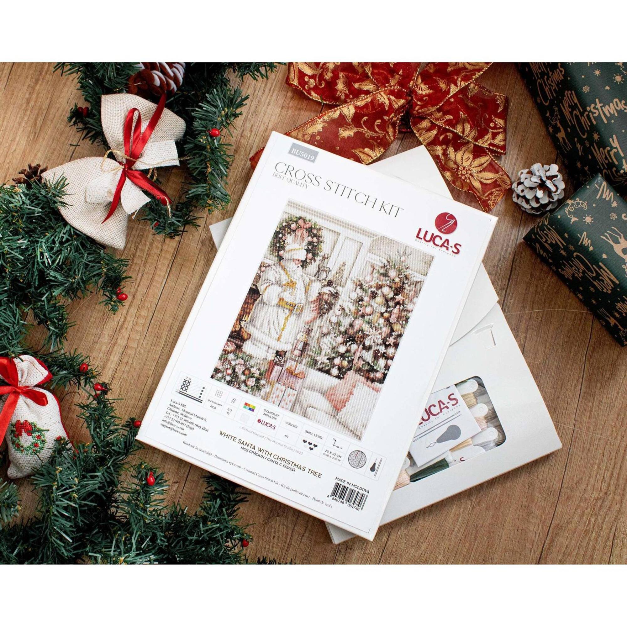 Luca-S White Santa With Christmas Tree Counted Cross-Stitch Kit